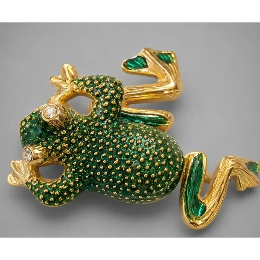 Vintage Green Frog Brooch Pin Enameled 1.25